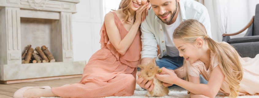 family of three smiling playing with their bunny in front of the fireplace